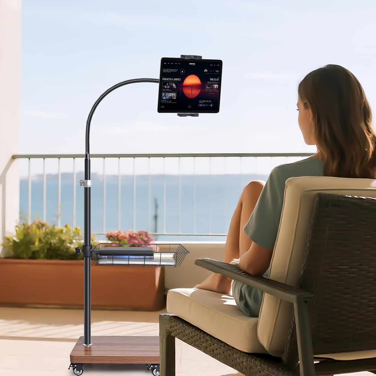 wishacc Adjustable Floor Tablet Stand with Rolling Base, Flexible Gooseneck Mount, Wood Platform, Mobile Device Holder for Indoor Use