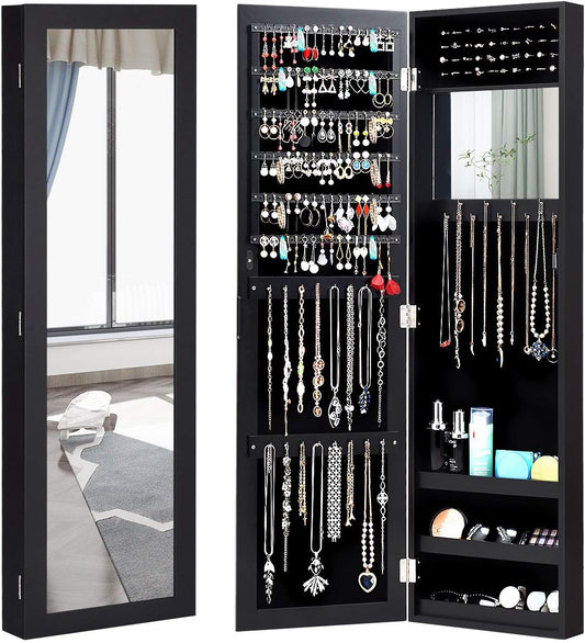 Giantex Wall Mounted Jewelry Cabinet with Full Length Mirror, Over The Door Jewelry Armoire Organizer with Large Storage, Makeup Mirror & Velvet Lining (Black)