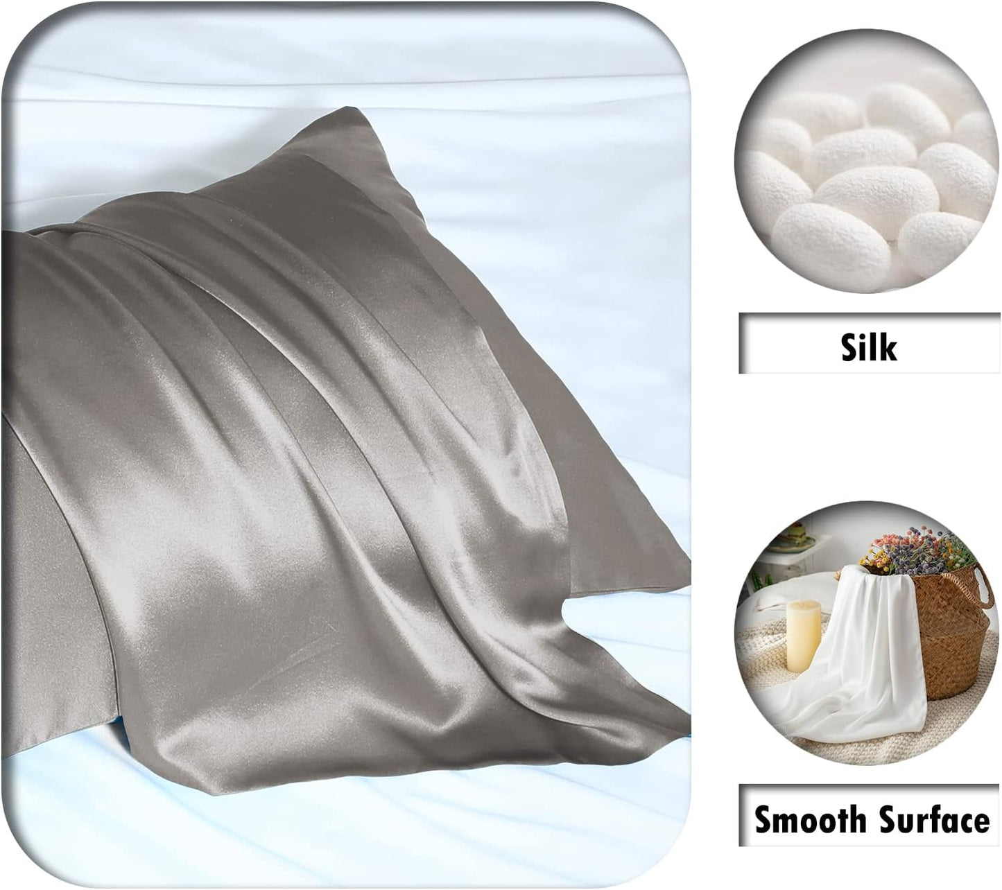 Mulberry Silk Pillowcase for Hair and Skin Pillow Case with Hidden Zipper Soft Breathable Smooth Cooling Silk Pillow Covers for Sleeping (Gray, King（20"X 36"）)