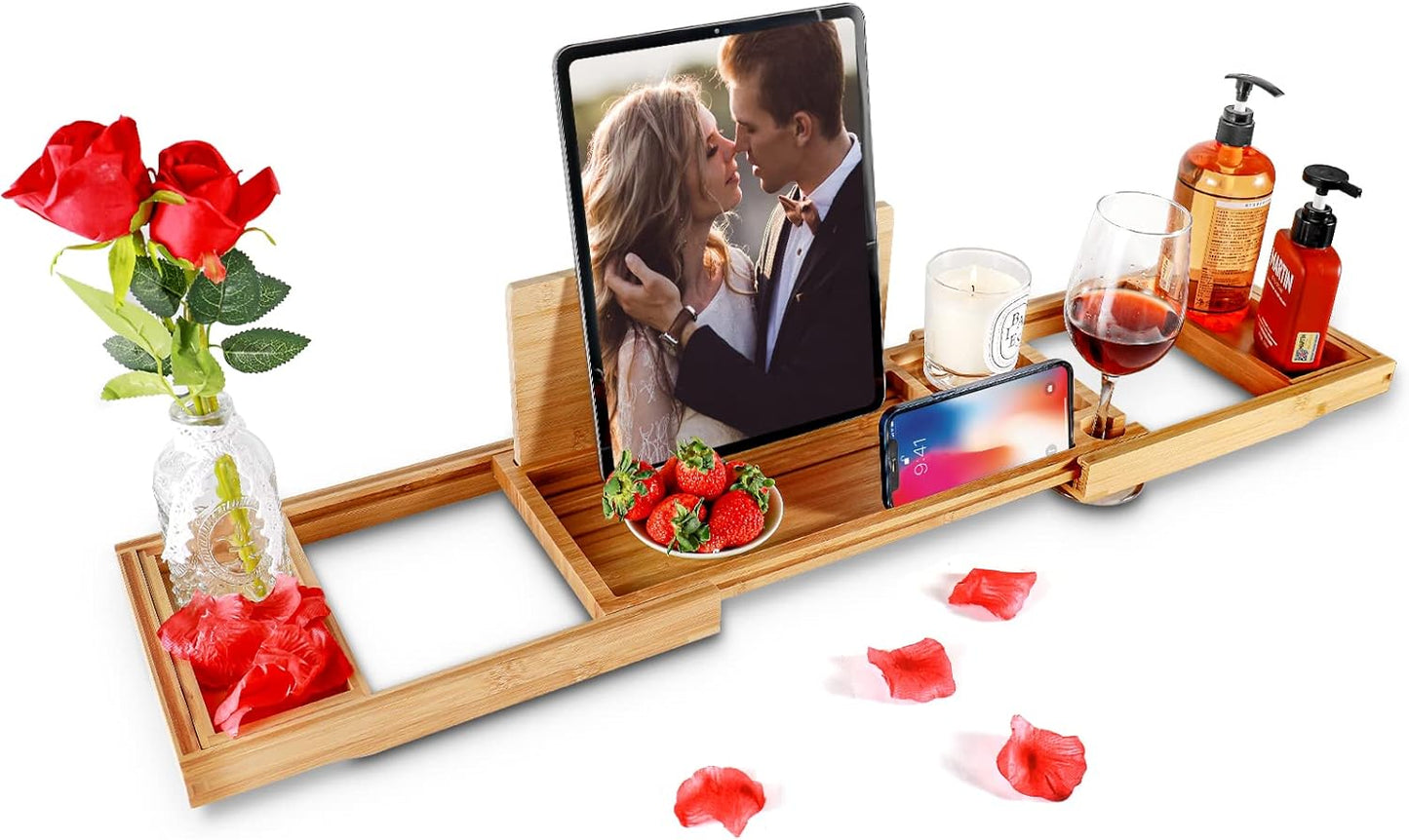 Premium Bamboo Bathtub Caddy Tray with Extending Sides, Adjustable Wood Bath Tray for Luxury Bath, Fits Most Tubs, Accessories Gift Idea