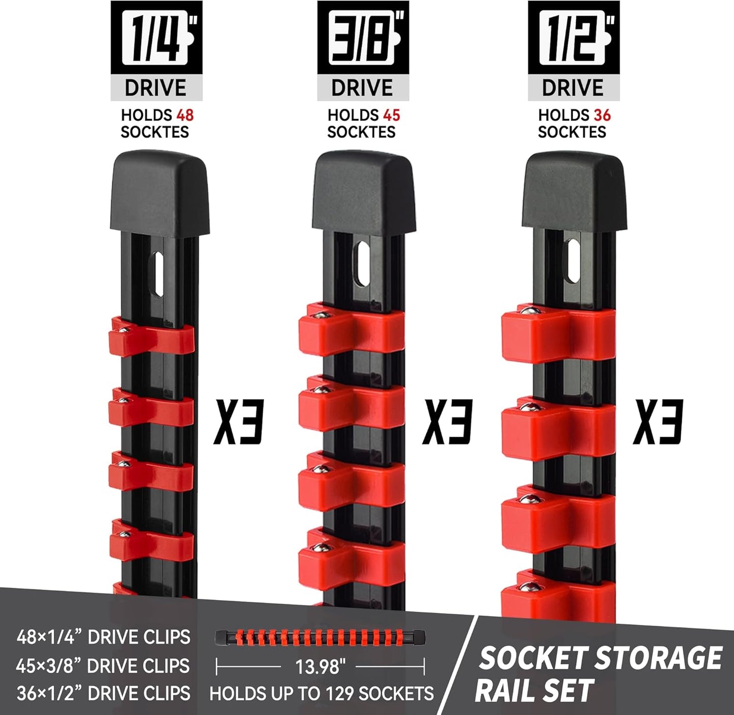 Socket Organizer Drive ABS Tools - Red Socket Holder, Premium Quality 9 Pieces Socket Holders Kit 1/4-Inch x 48 Clips, 3/8-Inch x 45 Clips, 1/2-Inch x 36 Clips