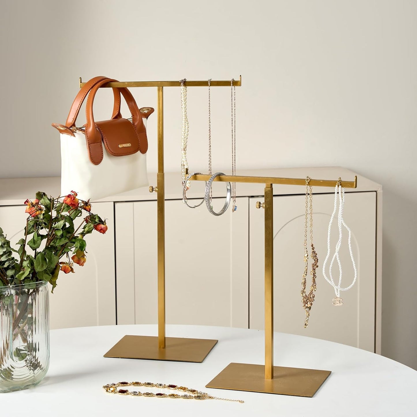 Display Stand Stainless Steel Jewelry Towers Bag Stand Tabletop Double Hook Hanging Jewelry Stands for Necklaces Organizer Stand Adjustable Height Home Store Boutique, Gold