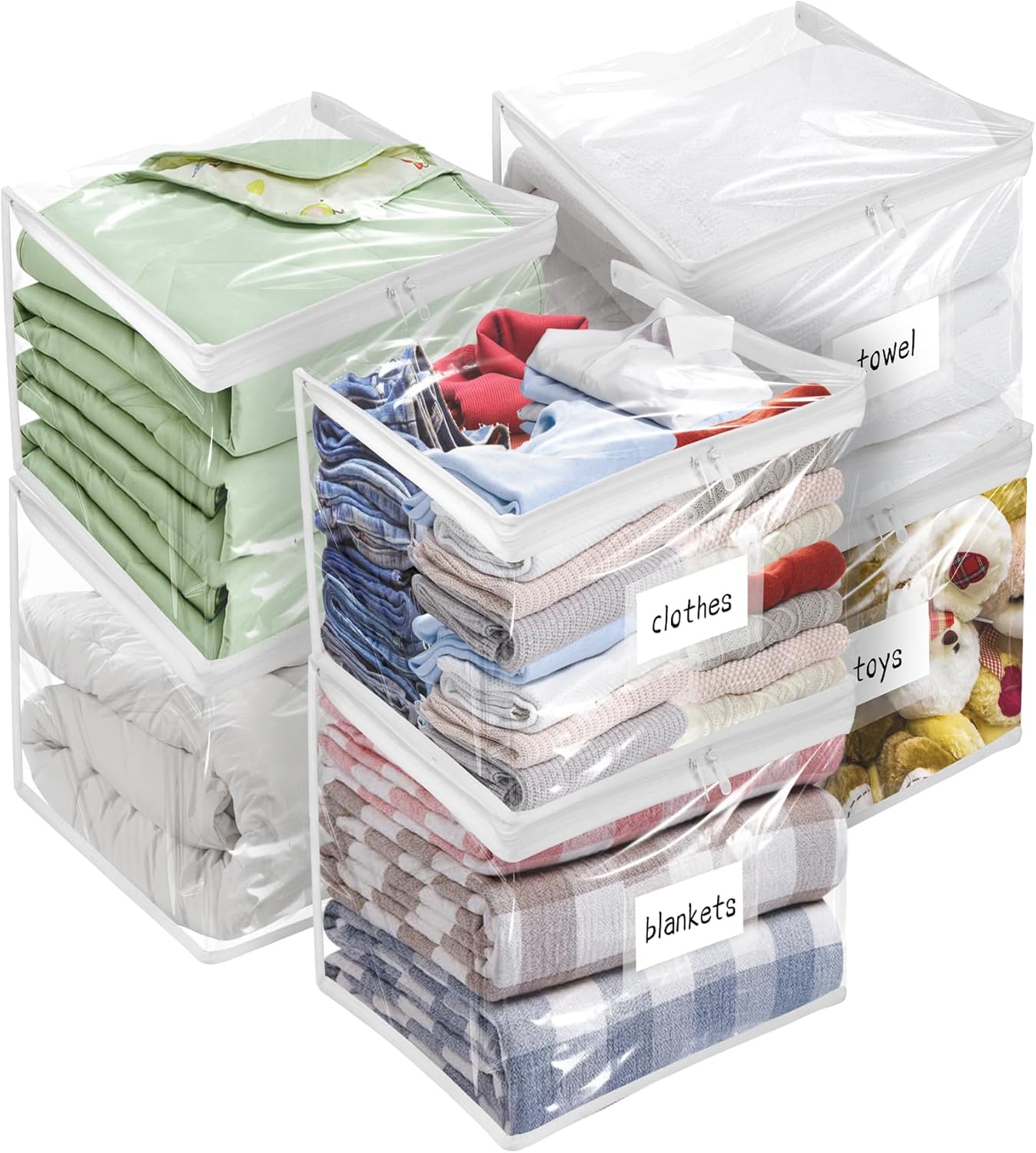 Plastic Storage Bags with Easy-Glide Zipper, Pack of 6, Durable Clear Vinyl Zippered Storage Bags for Clothes Sweaters Comforters Blankets Sheets Bedding (12 x 12 x 12 Inch)
