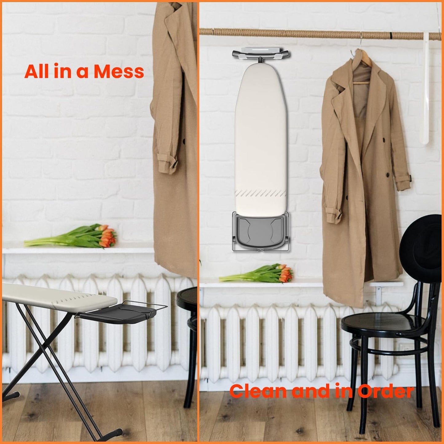 Ironing Board Hanger Wall Mount Ironing Board Holder Organizer Wall Rack for Laundry Rooms Space-Saving Storage Rack Hanging Shelf Hanger with Screws (White)