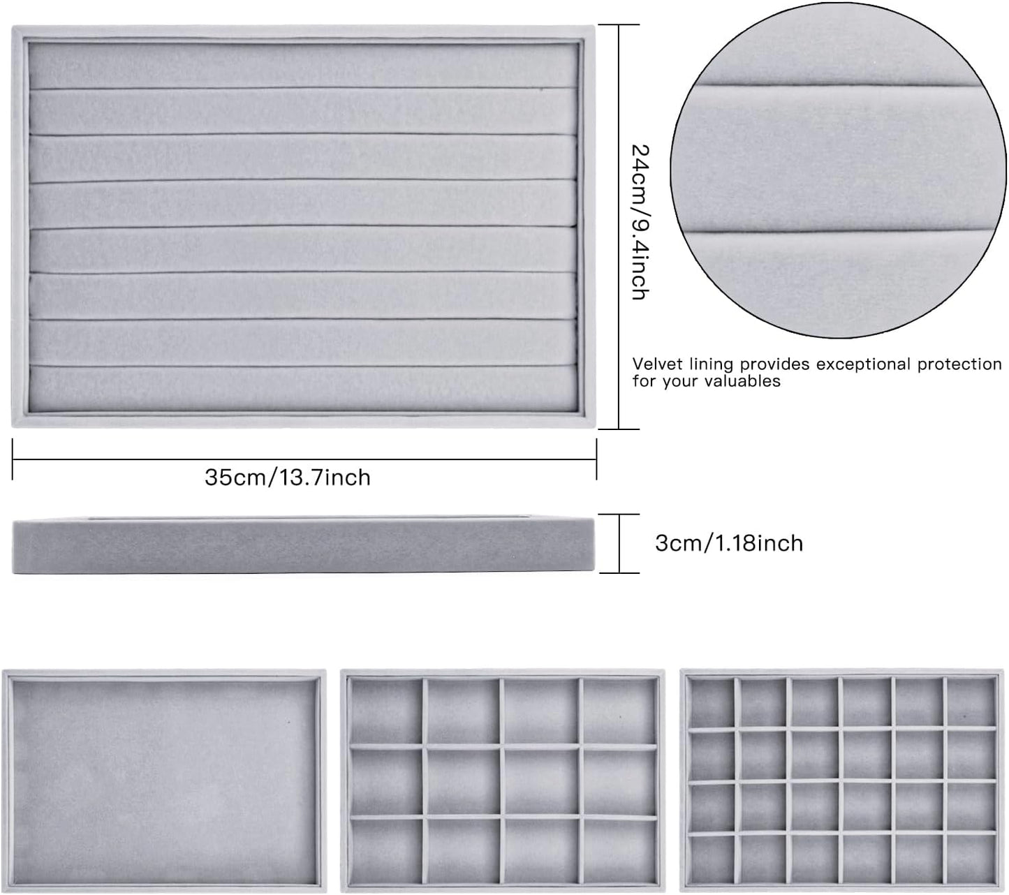 Lainrrew Jewelry Tray, 4 Pack Jewelry Organizer Velvet Jewelry Tray Stackable Jewelry Trays, Necklace & Earring Holder, Divided Bracelet & Ring Storage, 13.8"x9.5"x1.2" - Elegant Display Case (Gray)