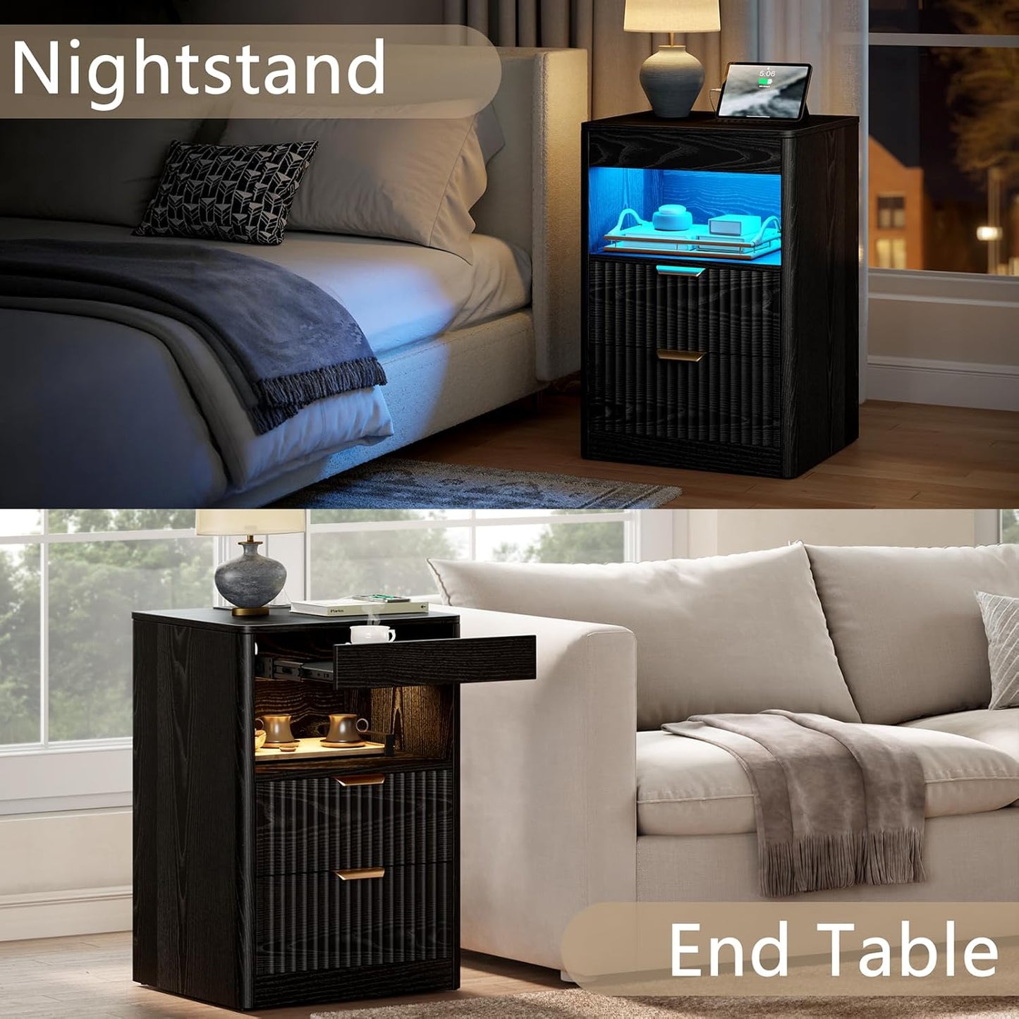 REAHOME Fluted Nightstand Set of 2 with Charging Station, Modern LED Night Stand with 2 Drawers and Pull Out Tray, Wood Bedside Table, End Side Table with Open Shelf for Bedroom,Black