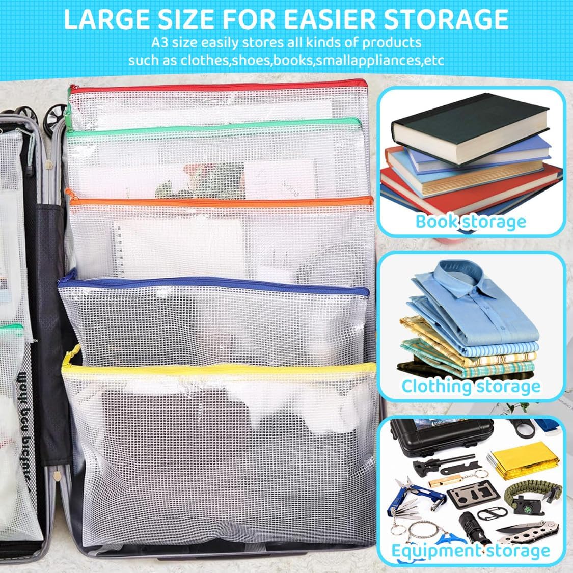 24pcs Mesh Zipper Pouch Bags, Large A3 17x12 Inches Reusable Zipper Bags Puzzle Storage 8 Colors Multipurpose for Board Games Travel Office Supplies and Home Organization