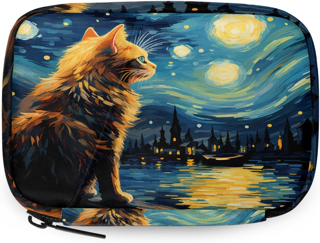 Oil Painting Starry Sky Cat Pill Organizer Travel Medicine Case with Zipper Daily Vitamin Storage Bag Portable 8 Slot Weekly Pill Box Supplement Holder for Home Office Gym Travel