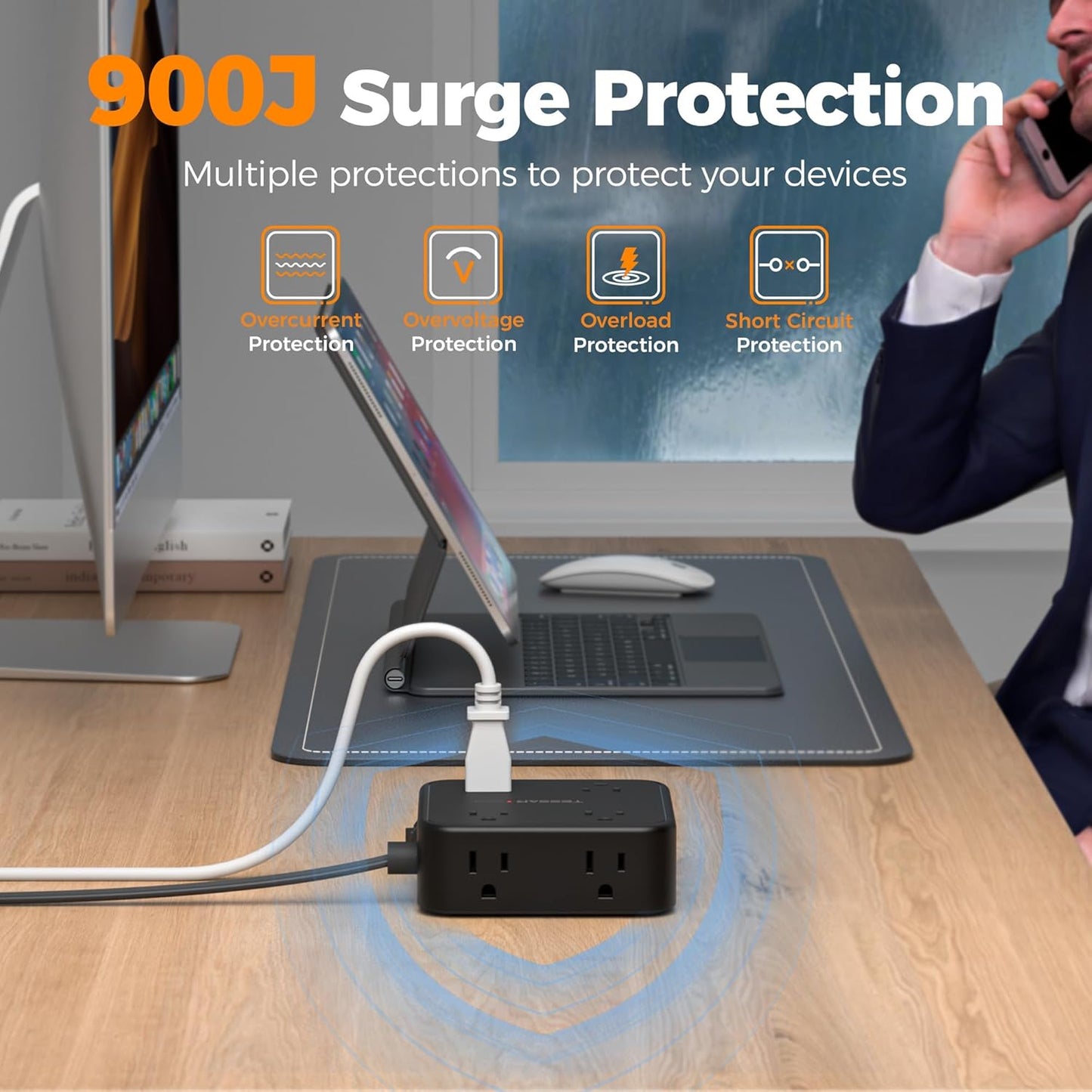 TESSAN Surge Protector Power Strip Black, 5 Ft Flat Plug Extension Cord with 3 USB (1 USB C) 8 Outlets, 900J Surge Protection, 3 Sided Outlet Extender with Power Switch for Office, Dorm Room