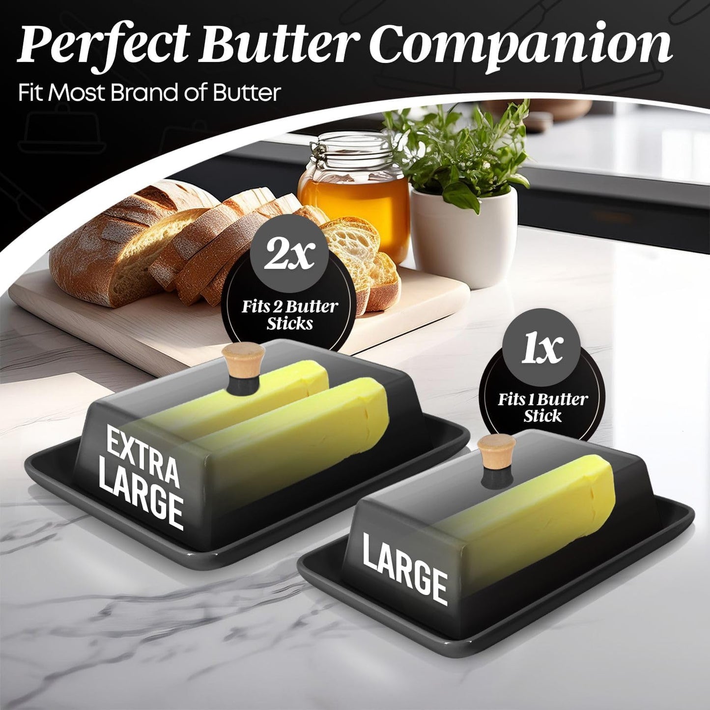 Flexzion Ceramic Black European Butter Dish with Lid for Countertop (7 Inch) - Wide 2 Stick Double Butter Holder for Counter, Cream Cheese Container Storage Keeper