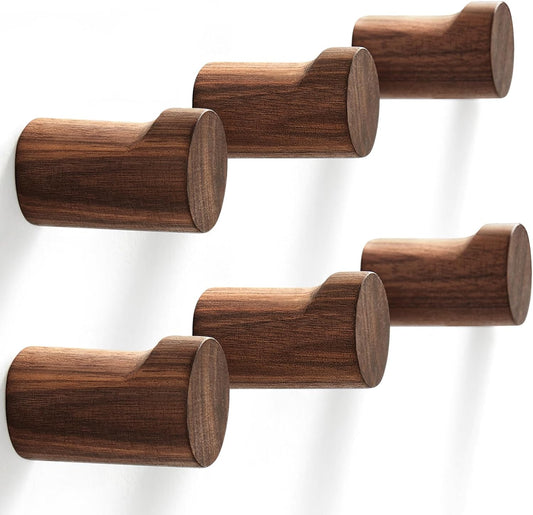 Wooden Wall Hooks 6 Pack, Modern Decorative Coat Hook Wall-Mount, Handmade Rustic Hat Hooks, Entryway Wall Hangers for Hanging Coats Hats Backpack, Bathroom Wood Towel Rack (Walnut)