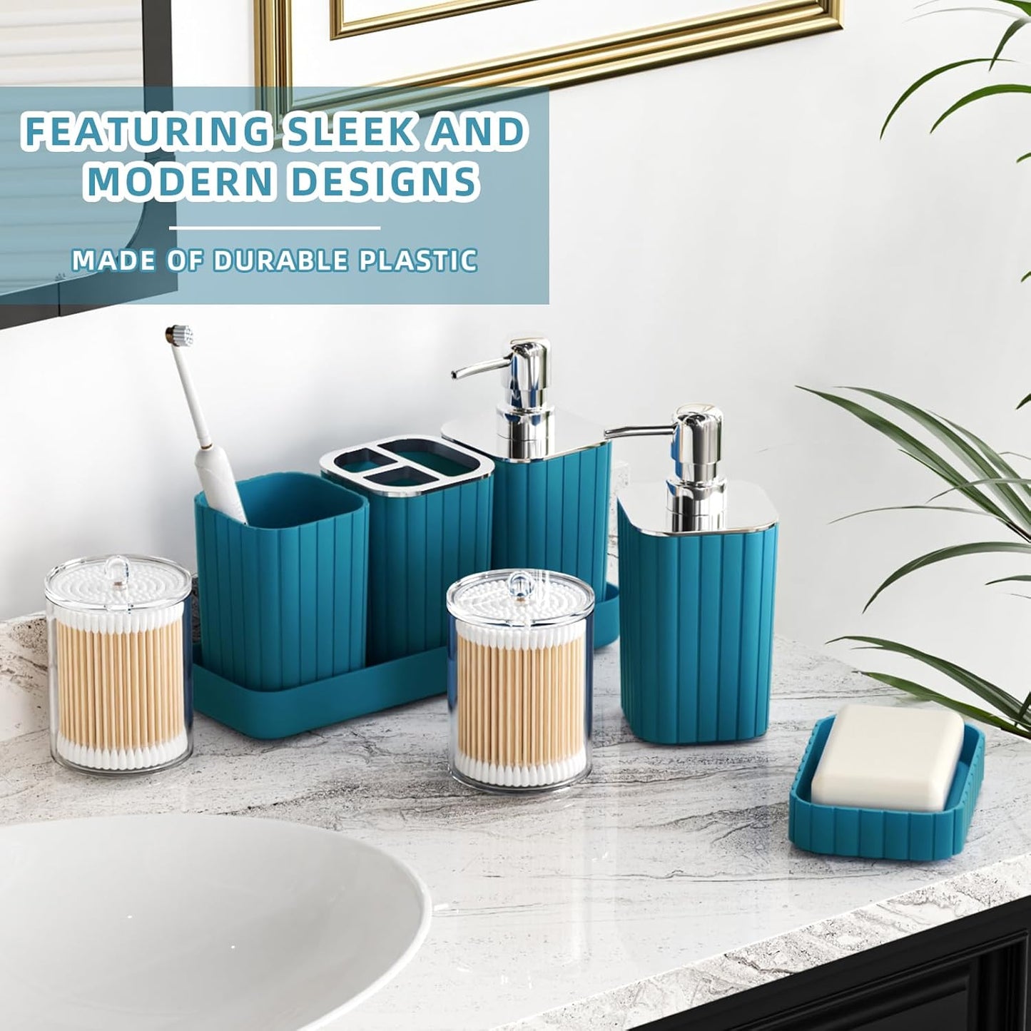 Bathroom Set with Shower Curtain and Rugs- 25PC Teal Bathroom Set, Bathroom Accessories Set, Shower Curtain Set, Trash Can, Qtip Holder Dispenser & Soap Dispenser