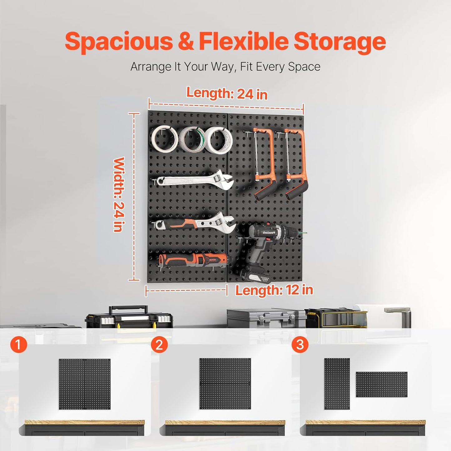 VEVOR Metal Pegboard Panels, 24" x 12" Pegboard, 2 Panels, Heavy Duty Peg Board Wall Organizer with Accessories, for Living Room Garage Tool Storage Office Organization Craft Room Kitchen Home, Black