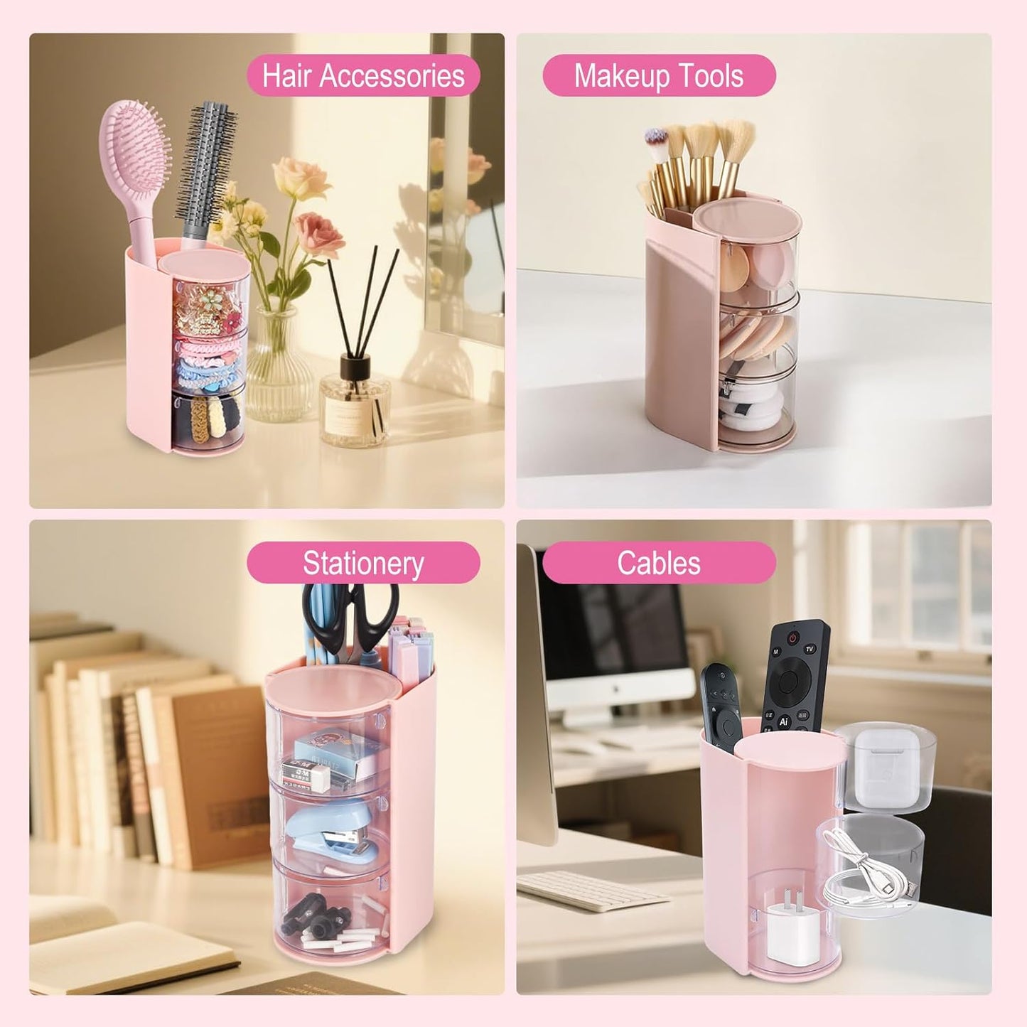 Pink Hair Accessory Organizer, 3-Layer Clear Hair Accessories Organizer Rotatable Small Jewelry Box for Clip Earring Necklaces, The Latest Gift for A Girl.