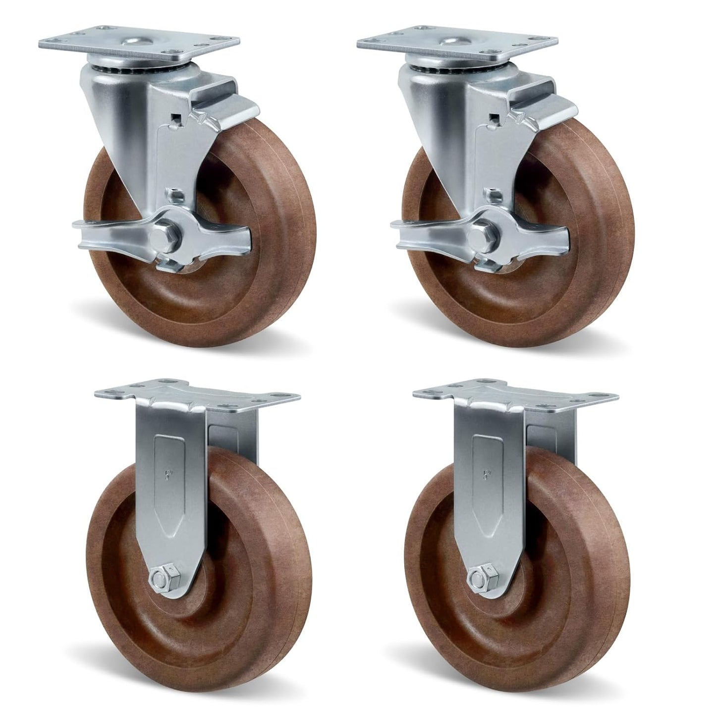 5" Hi-Temp Glass FiIled Nylon Casters, Heavy Duty Casters Set of 4, Industrial Caster Wheels for Commercial Kitchen, Bakery - 2800 lbs Capacity(2 Brake & 2 Rigid)