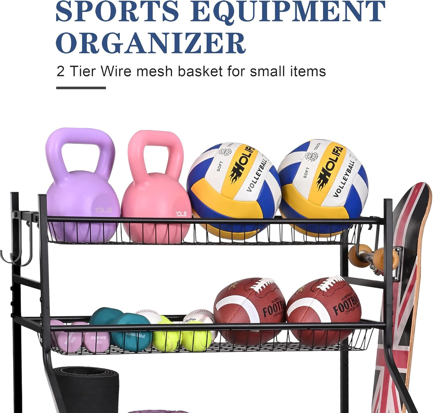 Mythinglogic Sports Equipment Garage Organizer,Garage Ball Storage for Sports Gear and Toys, Rolling Ball Cart with Wheels for Indoor/Outdoor Use
