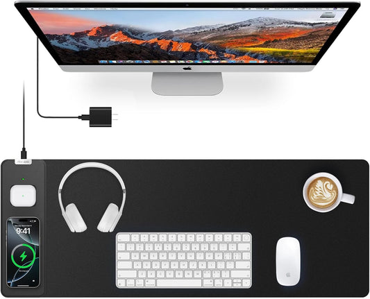 Magnetic Wireless Charging Mouse Pad, 27.5"x11.8" Gaming Desk Mat for Keyboard/Laptop, Non-Slip Base & 20W PD Adapter, Waterproof Smooth Desk Writing Pad for Gamer, Office & Home, Black