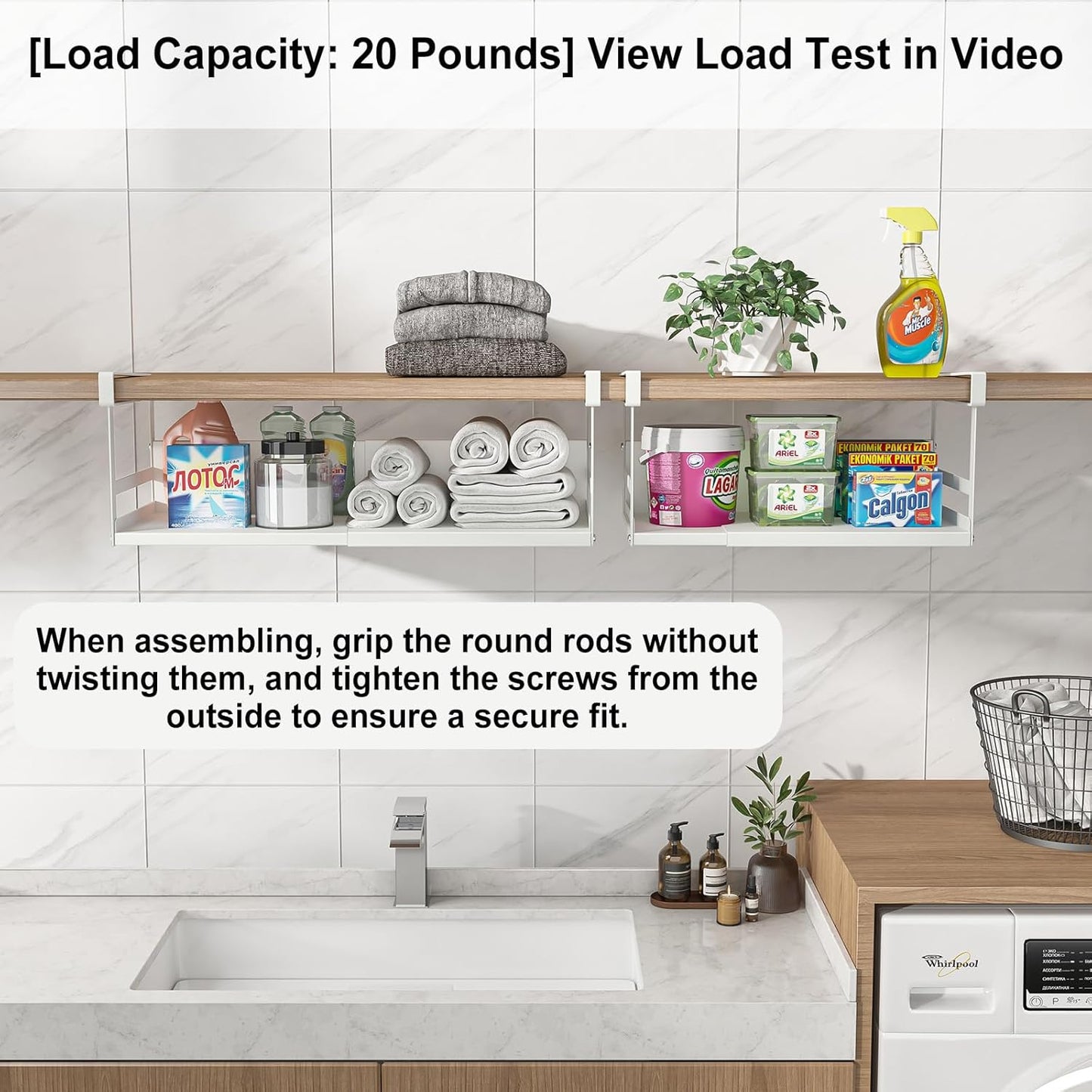 Expandable Under Cabinet Shelf Organizer with 0.94-Inch Thick Clips, Heavy Duty Extendable Under Shelf Storage Basket for Pantry or Laundry Room, White, 2 Pack, Interior: 4.13" H x 7.2" D