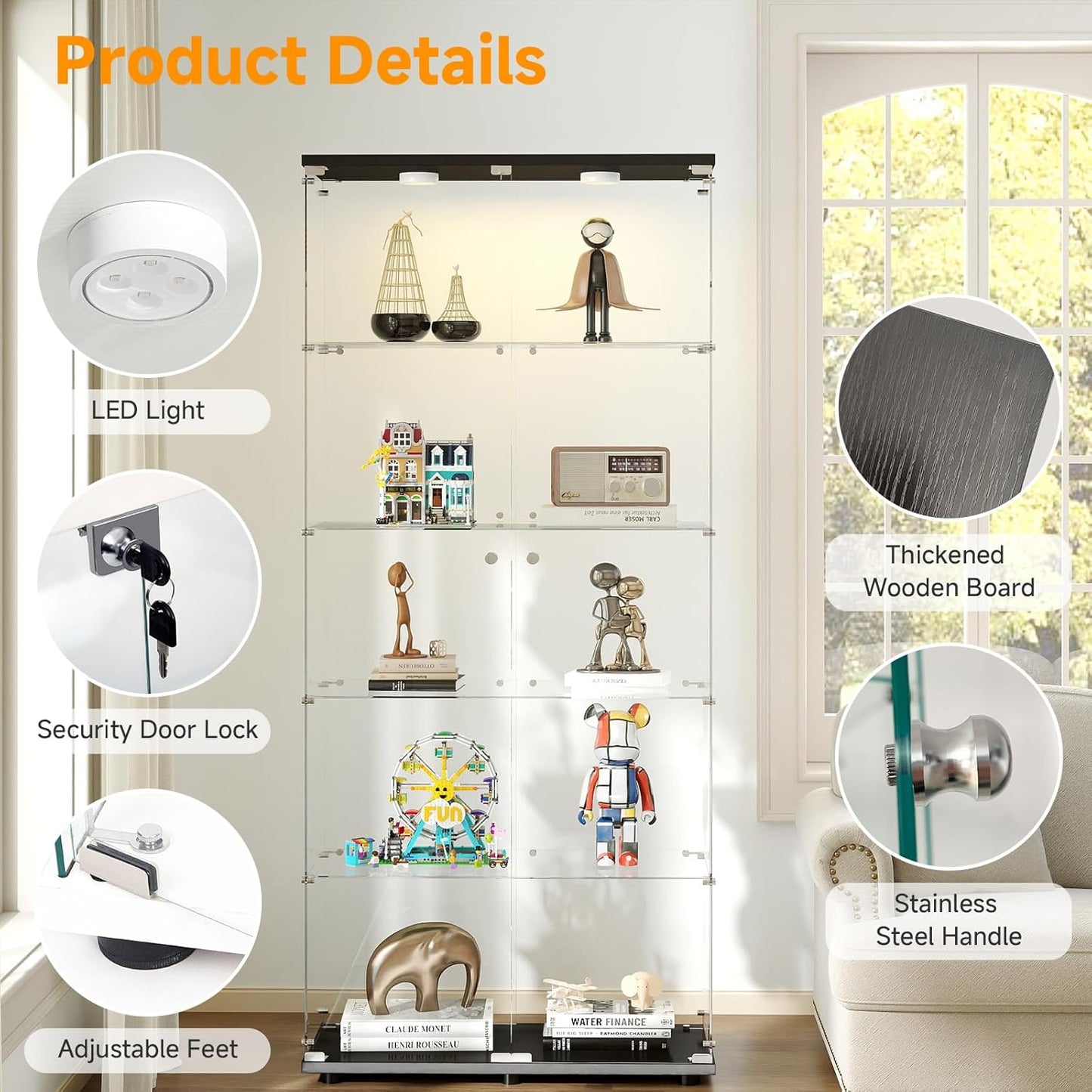 5-Tier Tempered Glass Display Cabinet with Lights, Curio Cabinet with Glass Doors and Lock, Glass Display Case for Collectibles, for Living Room Bedroom Office, Double Door, Black