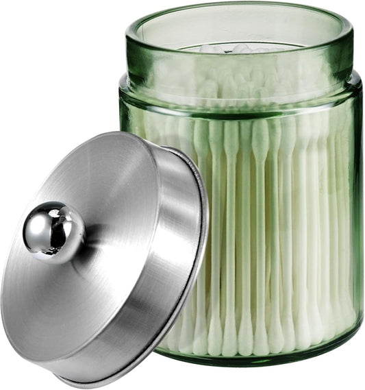 Amolliar Sage Green Glass Apothecary Jar, Qtip Holder Metal Lid & Sticker, Bathroom Qtip Dispenser Storage Canister, Perfect for Cotton Balls, Swabs, Round Pads, Bath Salt, Floss,Brushed Nickel 1 Pack