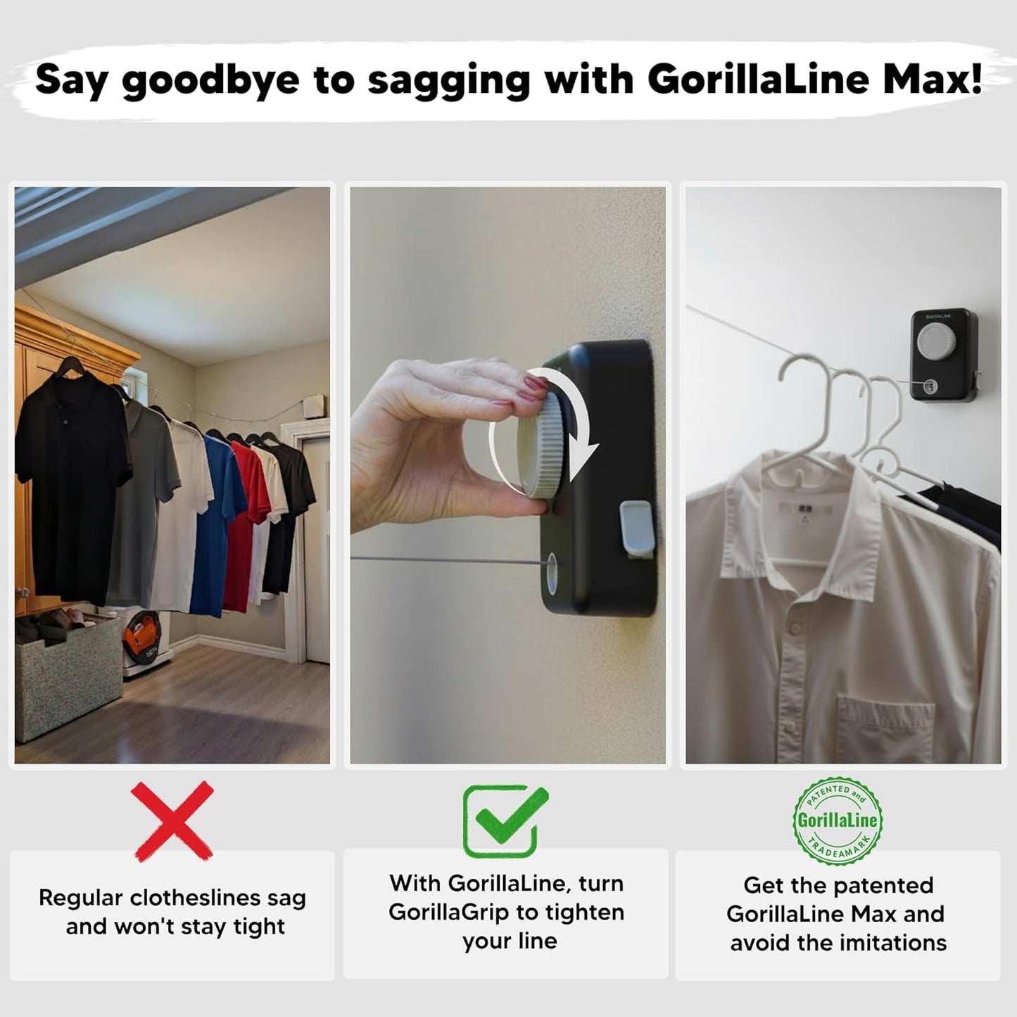 GorillaLine Max - Retractable Clothesline Indoor Outdoor Clothes Line - Heavy Duty Clothes Drying Laundry Line - Wall Mounted Drying Rack - Air Dry Clothing - Max Tighten with GorillaGrip