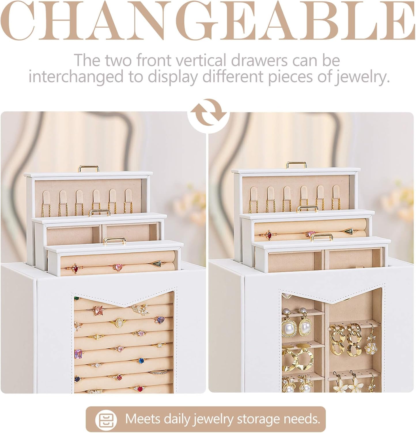 Homde Jewelry Organizer with Transparent Window Necklace Hooks Gift for Women Jewelry Box Display Case for Necklaces Rings Earrings Bracelets and Other Jewelry Accessories (White + Gold)