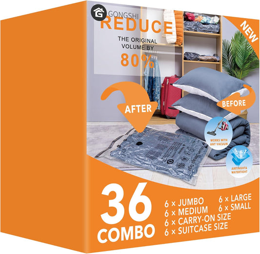 36 Pack Vacuum Seal Bags For Clothing,(6 Jumbo, 6 Large, 6 Medium, 6 Small, 6 Travel roll up bags,6 small Travel roll up bags) Space Saver Bag for Clothes, Blanket, Duvets, Pillows, Comforters