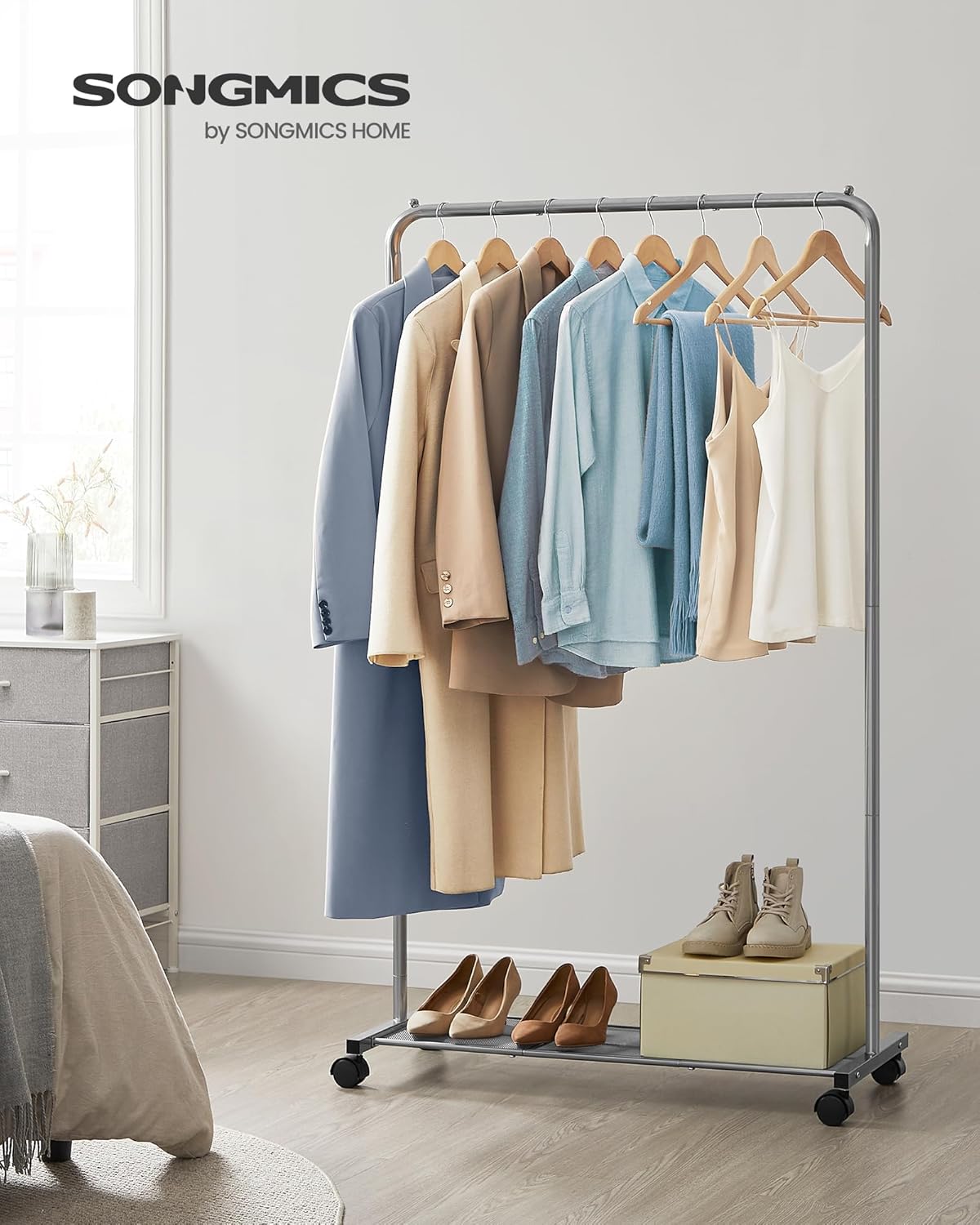 SONGMICS Clothes Rack with Wheels, Clothing Rack for Hanging Clothes, 25.4 mm Metal Garment Rack with Dense Mesh Storage Shelf, 110 lb Load Capacity, 2 Brakes, Gray UHSR025G01