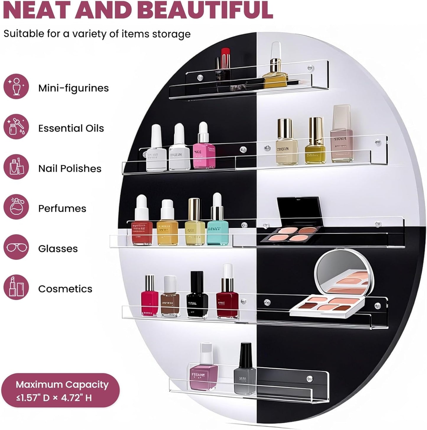 Wall Mount Nail Polish Organizer, 2 Packs Wood Nail Polish Rack w/Acrylic Barrier, 5-Tier Round Storage & Display Shelf, Perfume Essential Oil Bottles Holder, White & Black