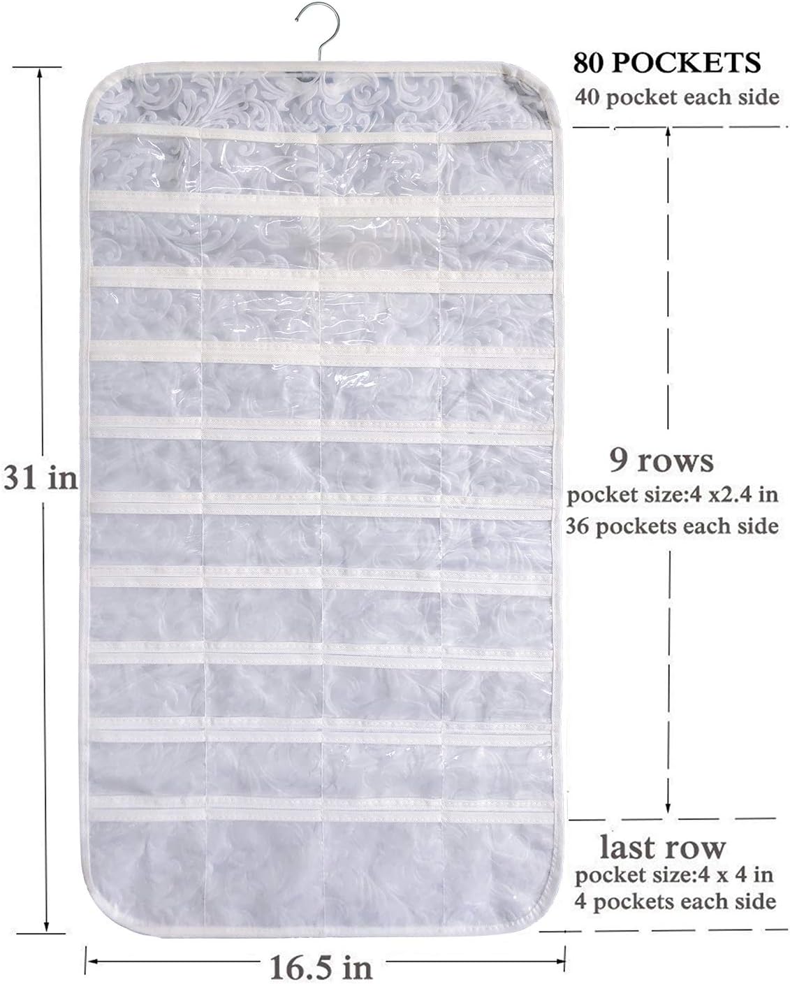 BB Brotrade Hanging Jewelry Organizer,Accessories Organizer,80 Pocket Organizer for Holding Jewelries (White-Embossed)