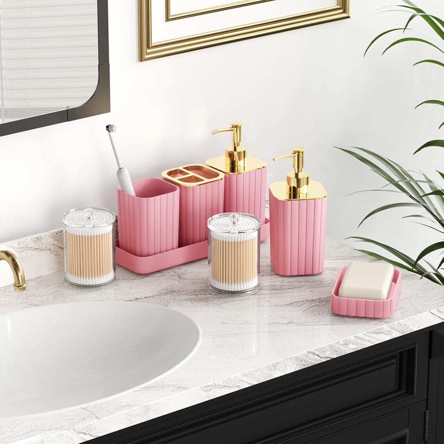 Pink Bathroom Accessories Set - Gorgeous Bathroom Set, 10PC Bathroom Accessory Set, Toilet Brush, Trash Can, Qtip Holder Dispenser & Soap Dispenser