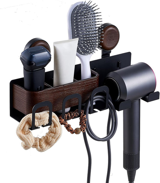 Hair Dryer Holder Wall Mount with Suction Cup, No-Drill Metal Blow Dryer Holder, Hair Accessories Tools Organizer Rack with 3 Toothbrush Hanger & Shelf, Walnut Finish for Bathroom