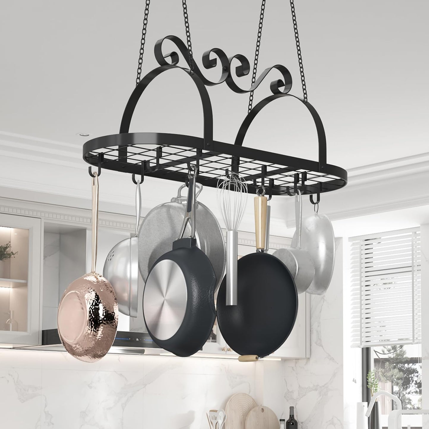 33" Pots and Pans Hanging Rack, Heavy-duty Metal Pan Rack Hanger Organizer with Hooks, Hanging Pot Rack Ceiling Mount for Kitchen Cookware Utensils Toiletries