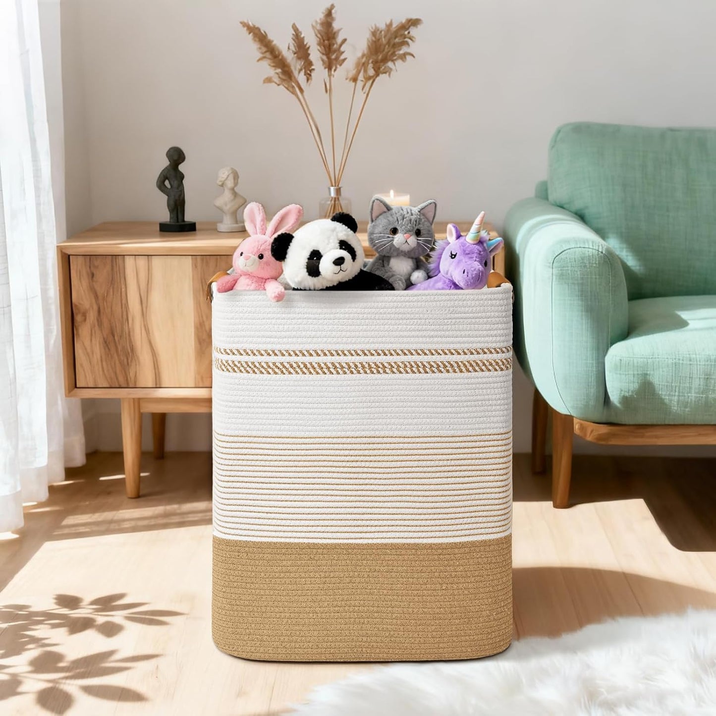 Laundry Hamper, 75L Tall Laundry Basket with Leather Handles, Rectangle Large Clothes Hamper for Organizing, Cotton Woven Laundry Baskets Storage Hampers for Bedroom, Nursery, Living Room