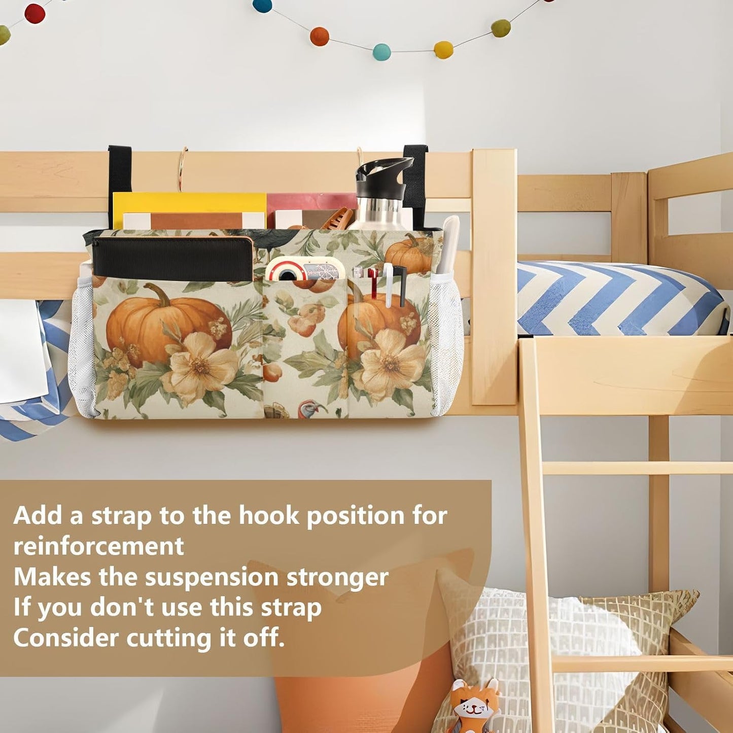 Thanksgiving Turkeys Pumpkin Beige Bedside Caddy for Dorm Bed Bedside Hanging Caddy Bag Iron Frame Storage Organizer Pocket for Bunk Home College Hospital Beds 2 Hooks