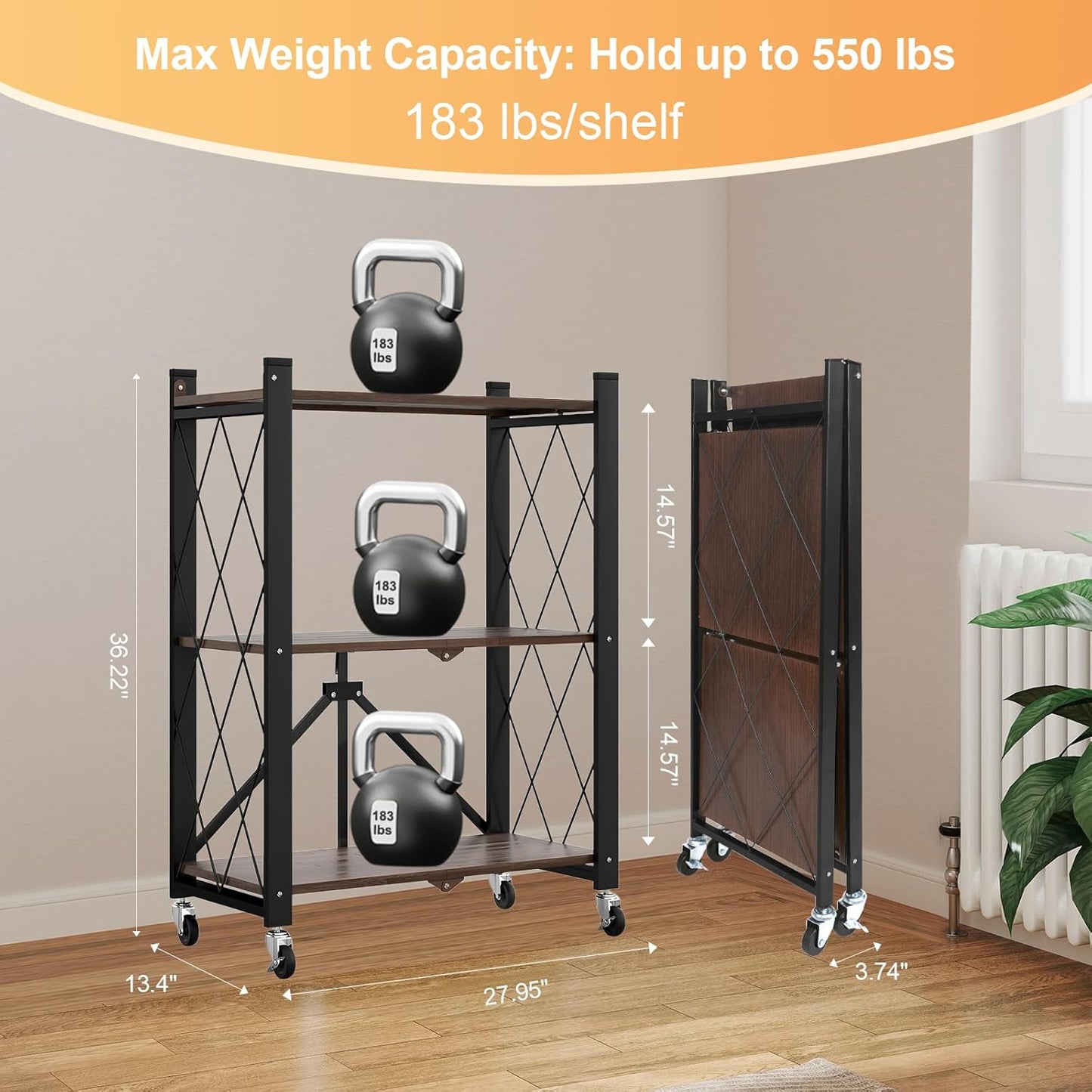 3 Tier Vintage Multifunctional Folding Shelf with Wheels, Portable Heavy Duty Storage Shelving, No-Assembly Folding Bookshelf, Metal Collapsible Rack Unit for Kitchen, Office, Bedroom, Rustic Brown