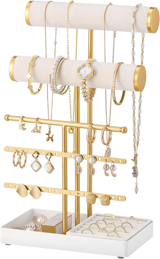 Lolalet Bracelet Display Stand Necklaces Holder, 5 Tiers Jewelry Organizer and Storage Rack with Velvet Slot and Metal Base, for Women Bangles Watches Ring Earrings -White