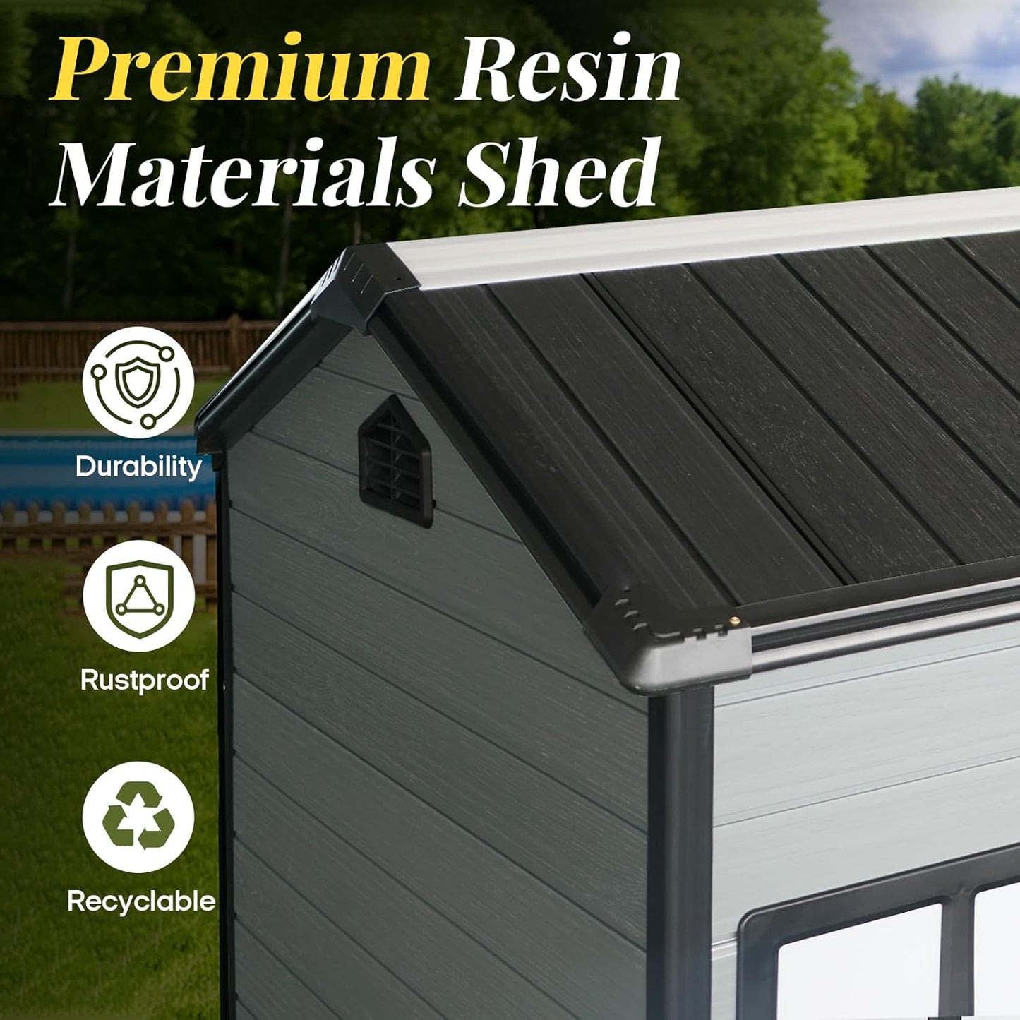 8x4ft Resin Outdoor Storage Shed with Floor and 2 Windows, Plastic Sheds & Outdoor Storage Clearance for GardenTools, Patio Furniture, Bike Accessories and Lawn Mower, Black+Grey