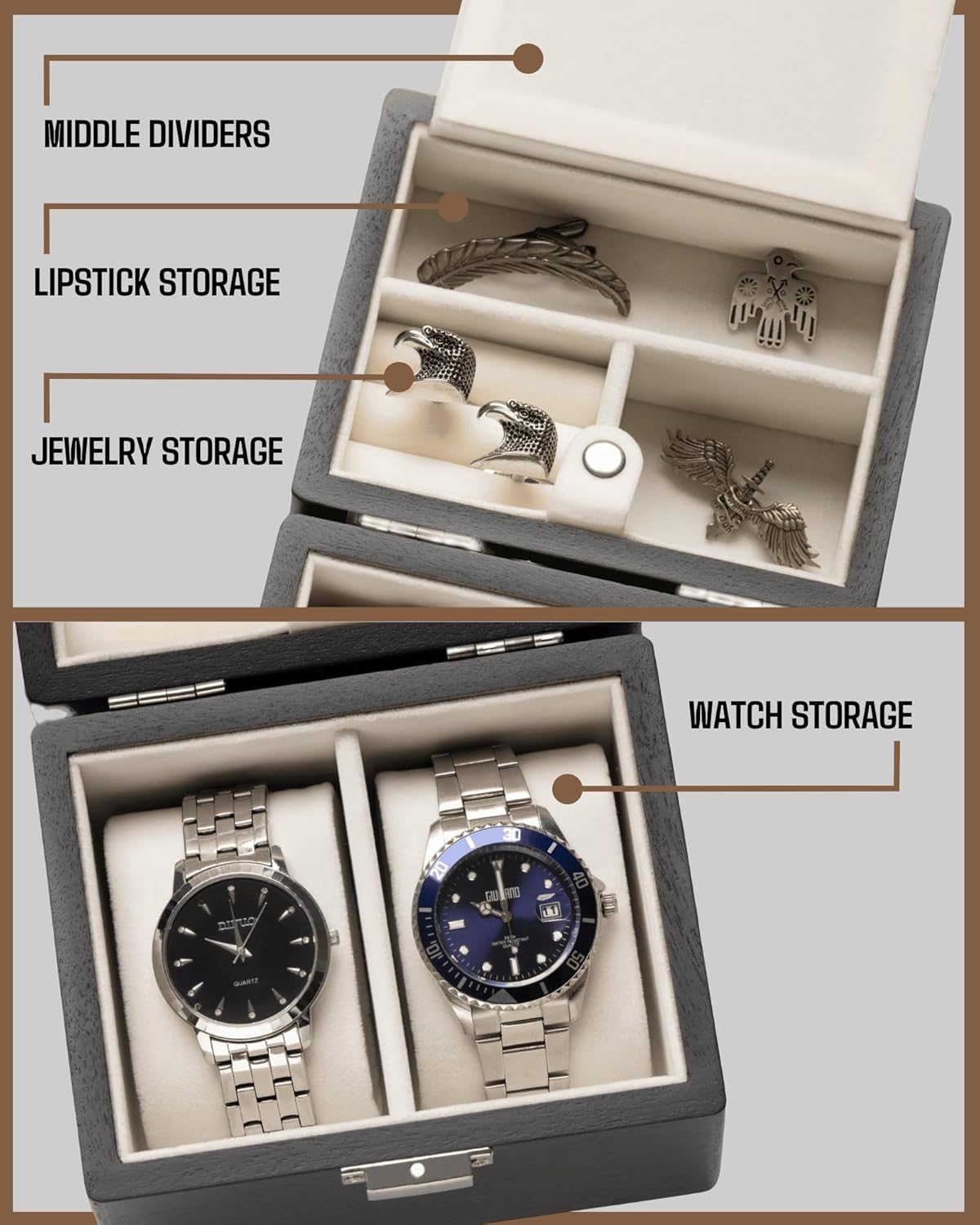Watch Box, Watch Travel Case for Men, Wood Watch and Jewelry Holder Organizer for Woman, Portable Protection 2-Slot Watch Display Storage Case, Obsidian Black