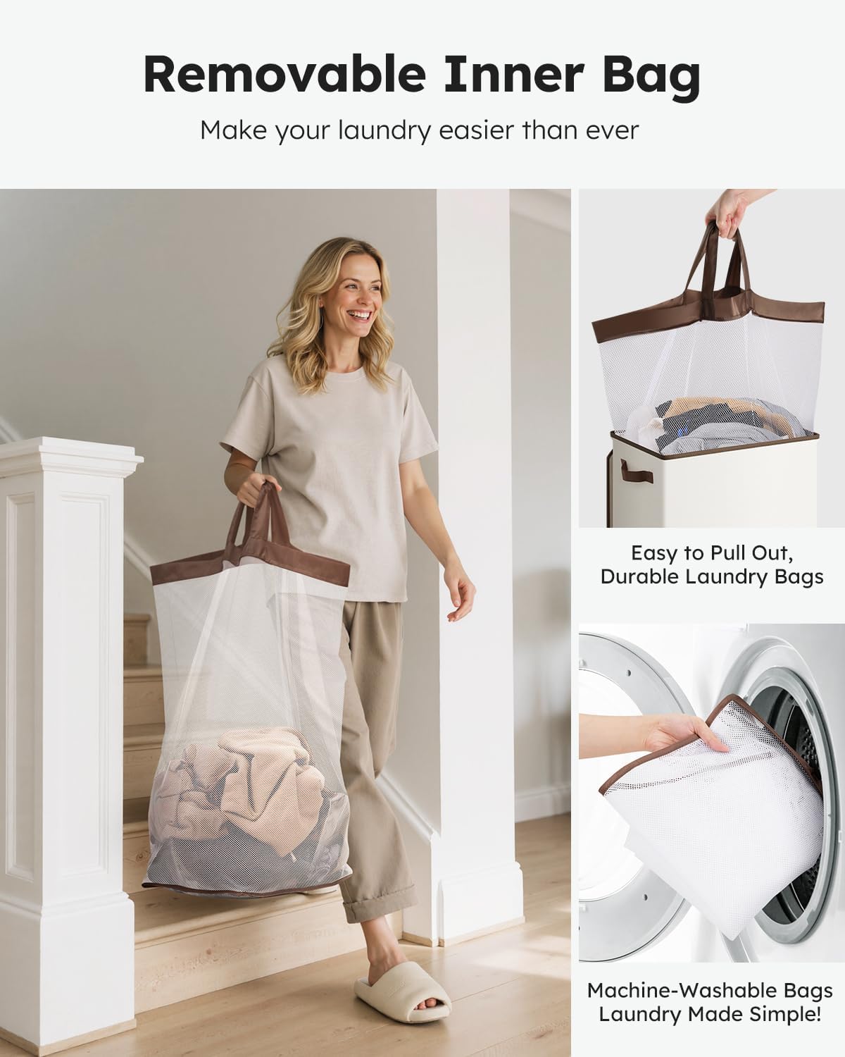 SOLEDI Laundry Hamper with Lid 90L Large & Tall Collapsible Laundry Basket, Clothes Hamper with Bag Removable Easy to Carry, Dirty Hampers for Bedroom, Bathroom, Dorm, College, Beige