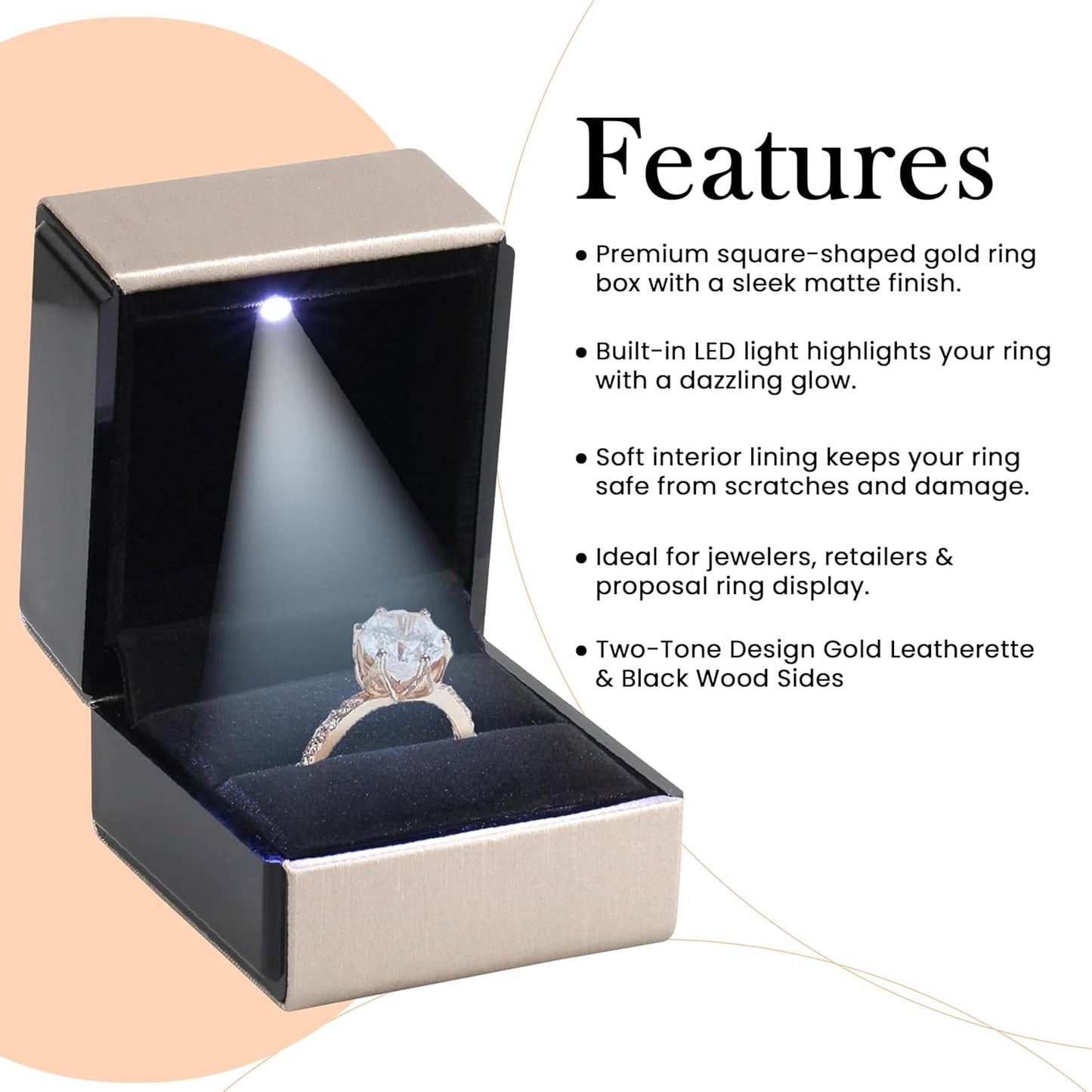 Novel Box Square Shaped Gold Ring Box With LED Light 2.25X2X2.5 Inches - Jewelry Ring Case Best for Jewelry Displays - Gift Boxes for Mother's Day, Engagement, Anniversary & more Happy Occasions