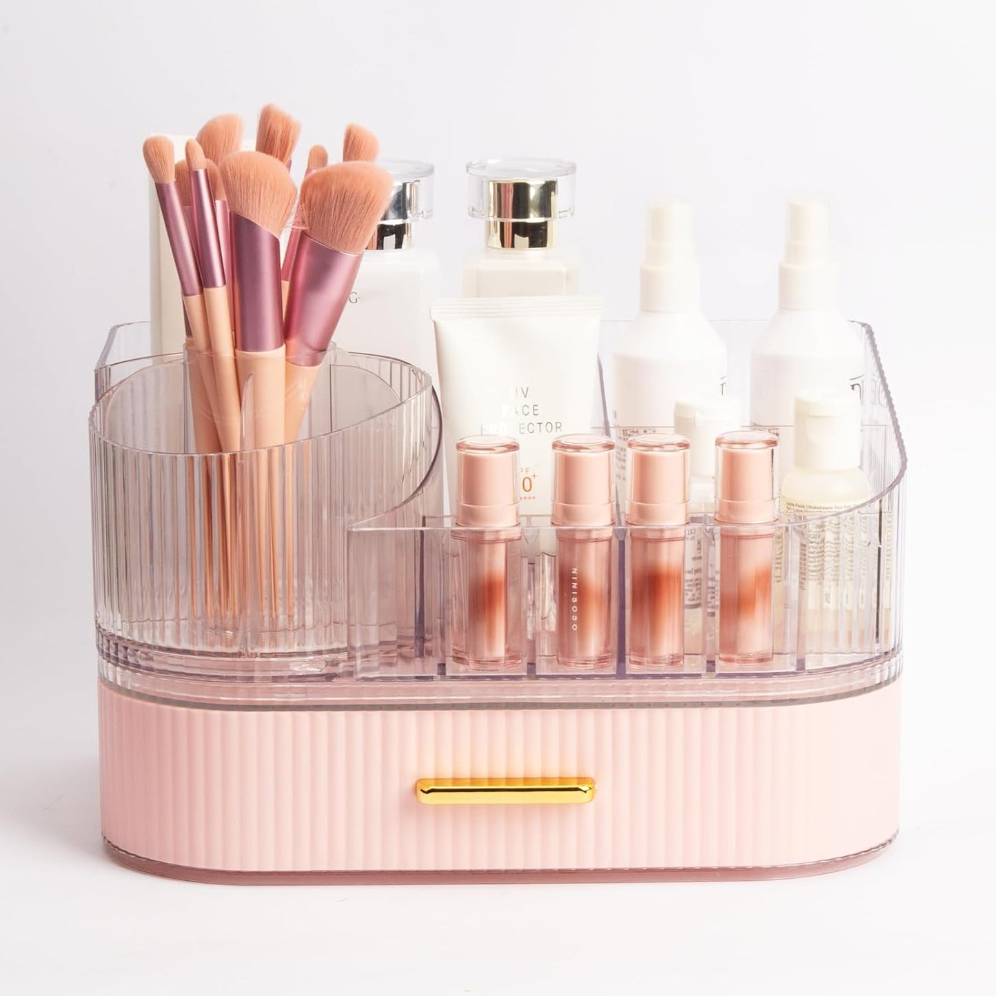 360° Rotating Makeup Organizer with Drawer, Clear Acrylic Cosmetic Storage Display, Stackable Beauty Counter (Pink, Large (Tray + 1 Drawer))