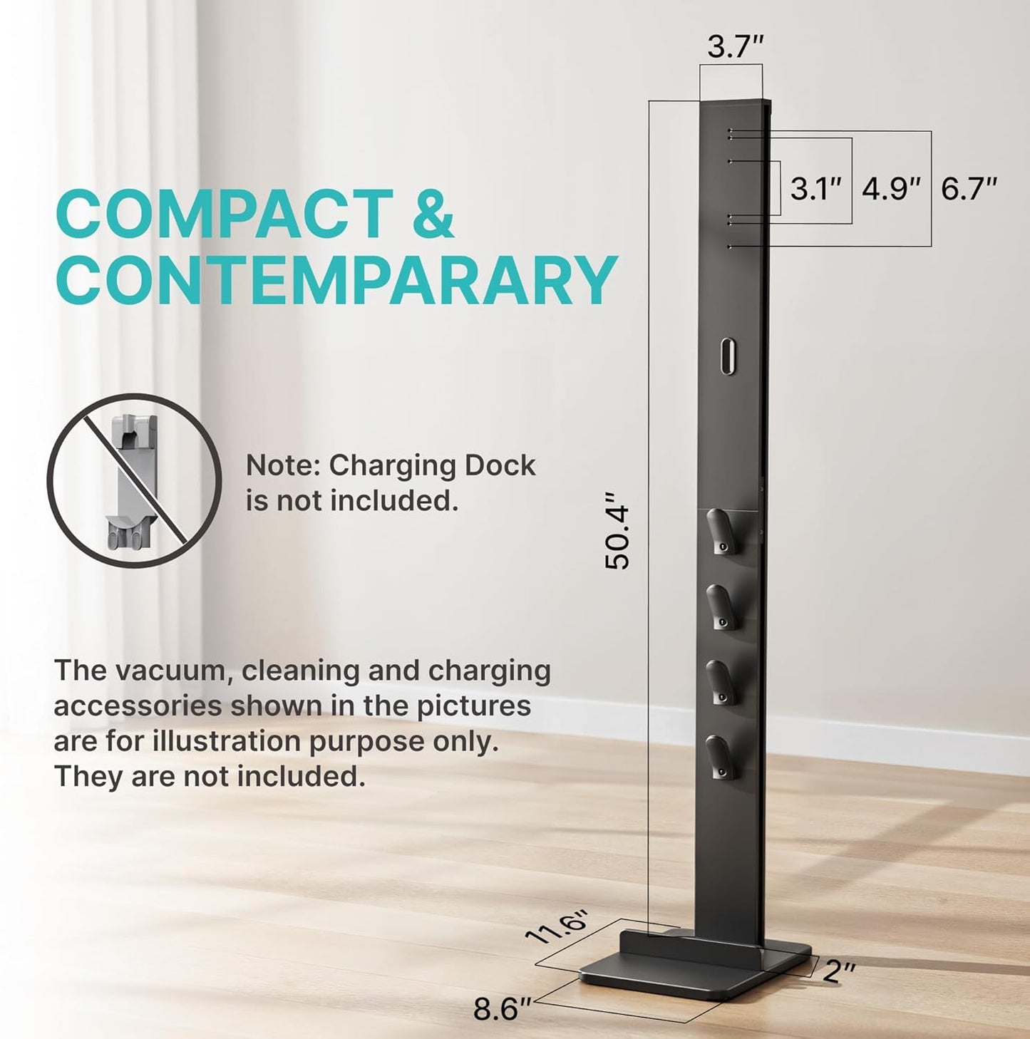 Vacuum Cleaner Stand, Compatible with Cordless Vacuums Dyson Gen5 V15 V12 V11 V10 V8 V7 V6, Floor Vacuum Accessory Holder with 4 Hooks, Metal Storage Bracket Organizer, Black