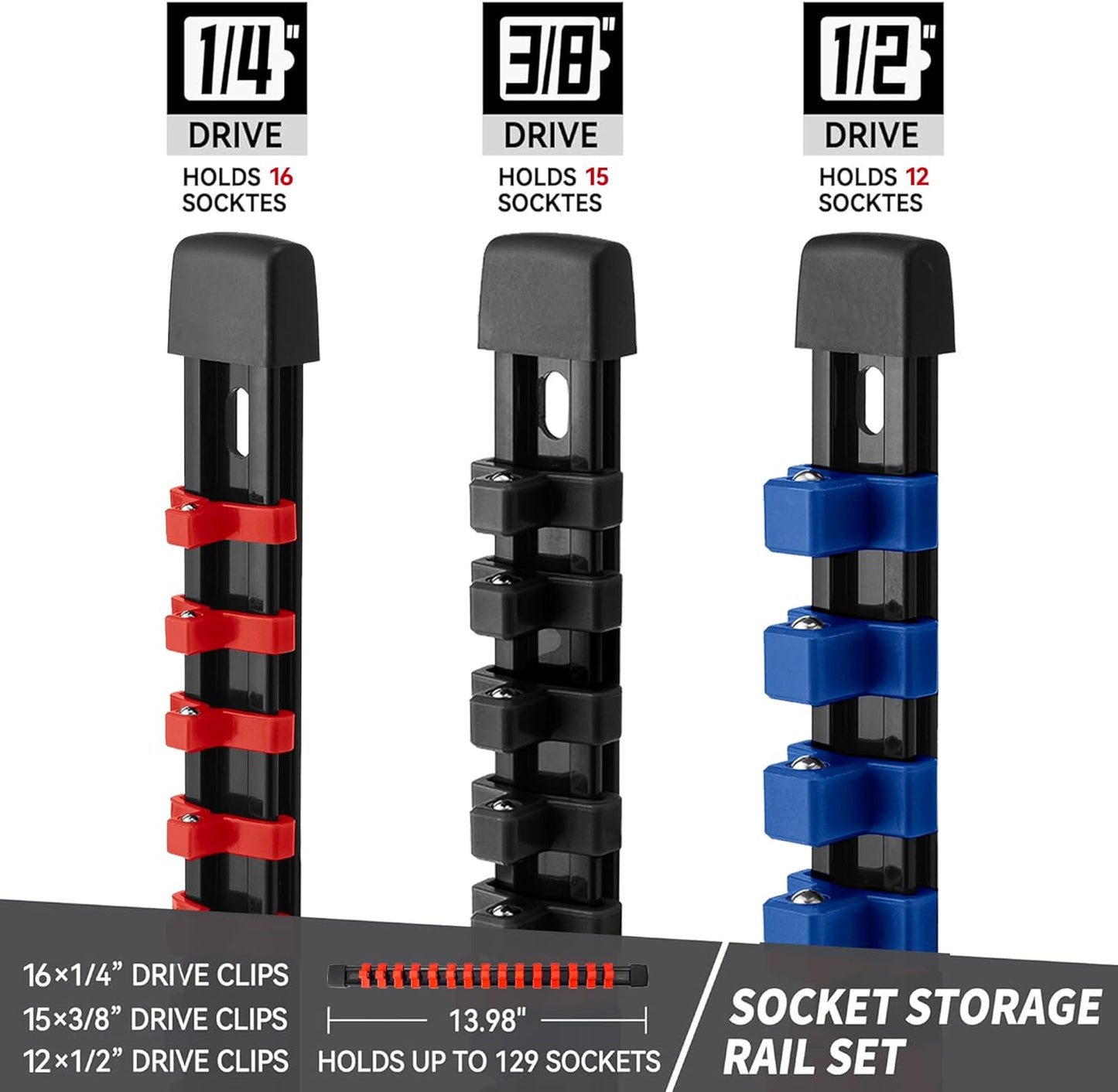 Socket Organizer Drive ABS Tools-Socket Holder, Premium Quality 3 Pieces Holders Kit 1/4-Inch x 16 Clips, 3/8-Inch x 15 Clips, 1/2-Inch x 12 Clips