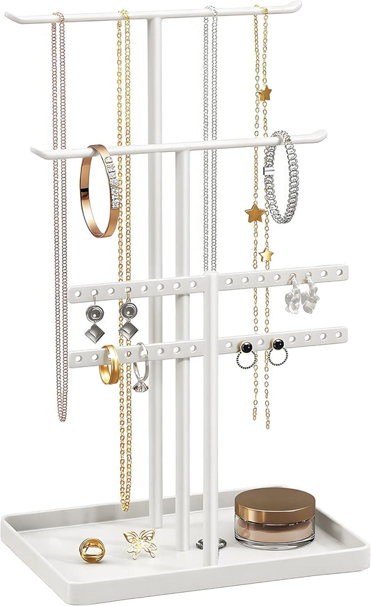 pickpiff Jewelry Stand Organizer, 14.5" Tall Sturdy Metal, 3-TierJewelry Holder for Necklace, Earring, Bracelet, Ring, Hanger for Display and Storage, Aesthetic Room Decor, White