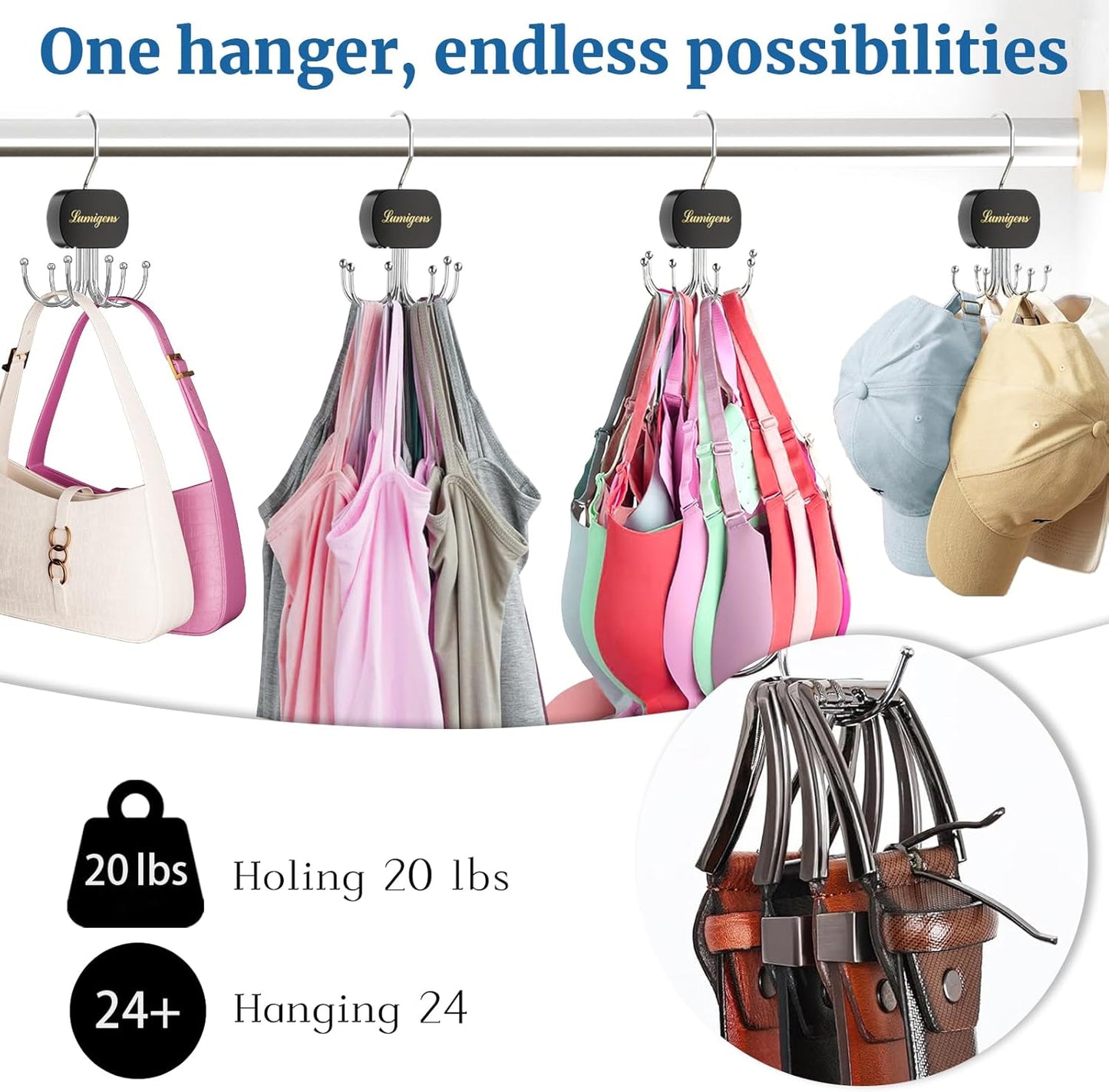 Belt Hanger, Belt Organizer for Closet,Rotatable Tie Rack,Belt Holder,Hanging Closet Organizer Hook for Belt, Bra, Tank Top, Tie, Scarf, Purse,3PCS,Black