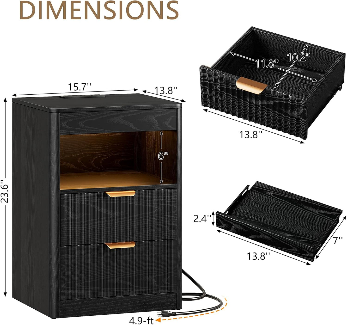 REAHOME Fluted Nightstand Set of 2 with Charging Station, Modern LED Night Stand with 2 Drawers and Pull Out Tray, Wood Bedside Table, End Side Table with Open Shelf for Bedroom,Black