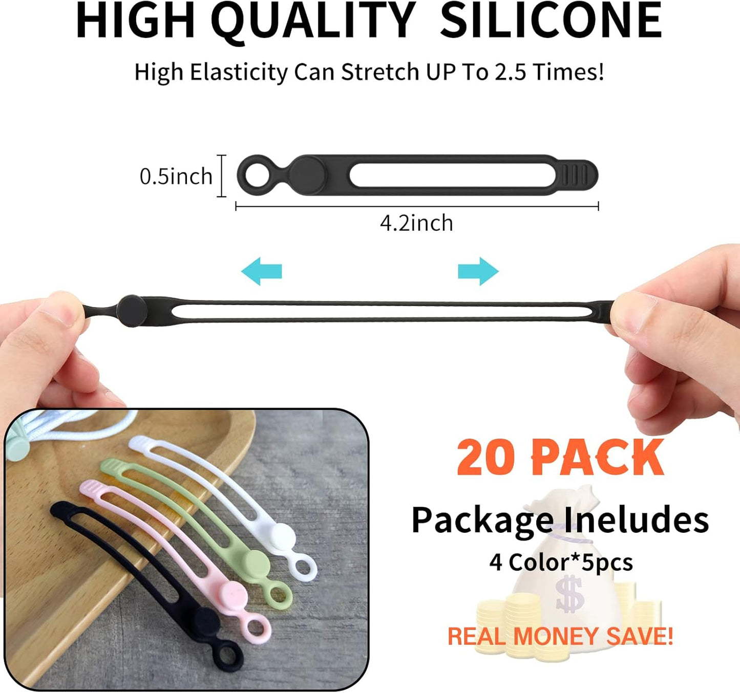 [20Park]UMUST Silicone Cable Ties,Reusable Cable Management Organizer, Multipurpose Elastic Cord Organizer for Bundling and Fastening Cable Cords Wires(black,white,pink,green)