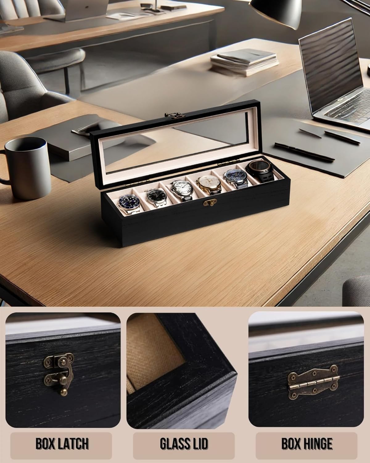 Watch Box, Watch Case for Men Women with Large Glass Lid, Wooden Watch Display Storage Box with 6 - Slots, Charcoal Black Mens Watch Box Organizer