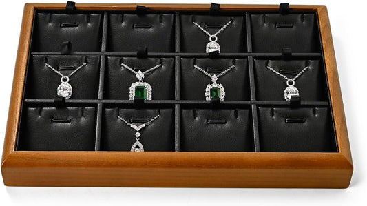 Oirlv Solid Wood 12 Grid Liner Pendant Jewelry Organizer Tray Jewelry Drawer Organizer(Black)